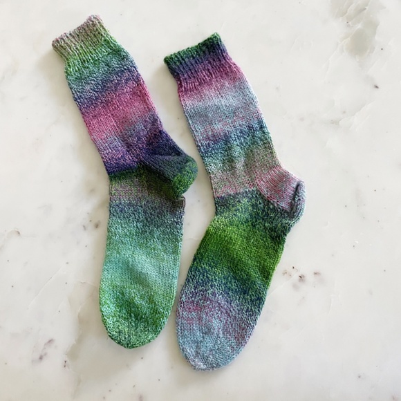 Hand Knit Wool Blend Socks, in Multicolor Green, Pink & Purple - Picture 5 of 11